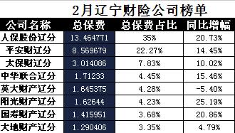 辽宁省2018年前2月财险公司总保费排行榜.xls