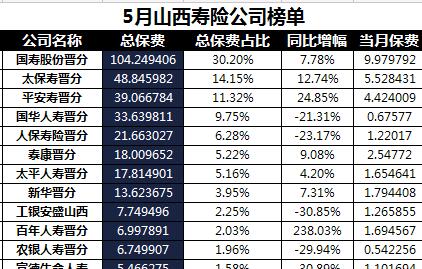 山西省2018年前5月寿险公司总保费排行榜.xls