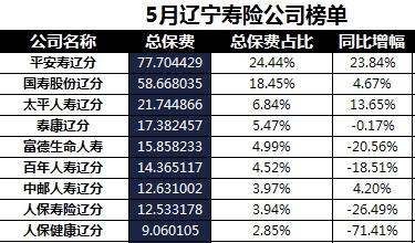 辽宁省2018年前5月寿险公司总保费排行榜.xls