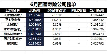 西藏2018年前6月寿险公司总保费排行榜.xls